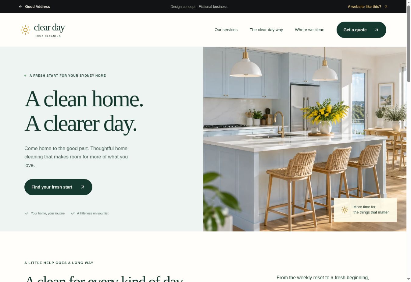 Clear Day Cleaning one-page website concept with a bright kitchen and simple service enquiry